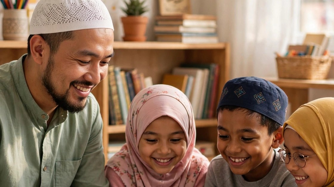 Teacher guiding students during a Quran lesson