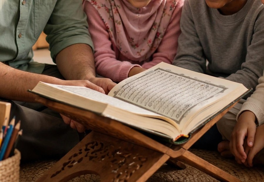 Student reading the Quran from a rehal