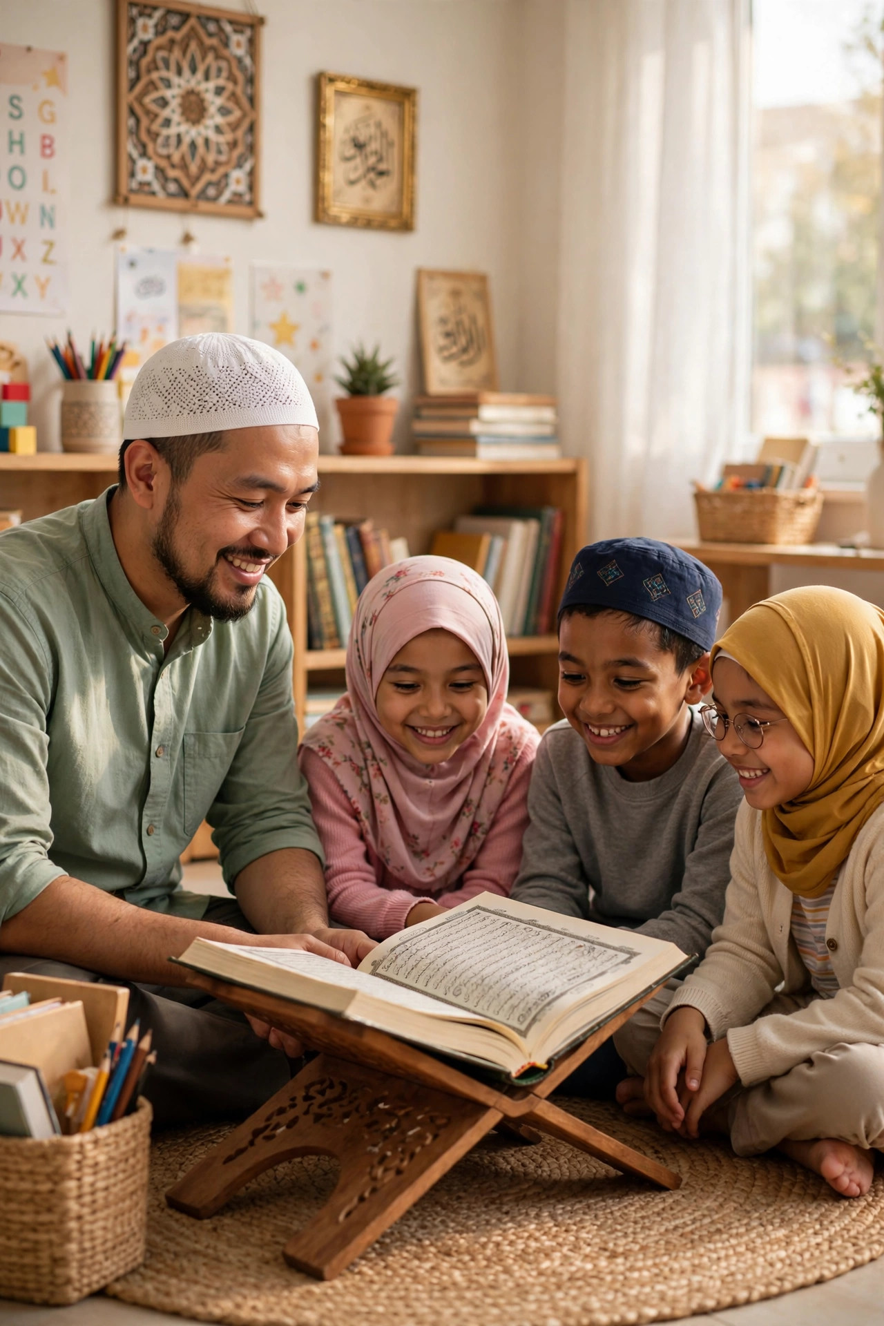 Teacher giving a live Quran lesson to children
